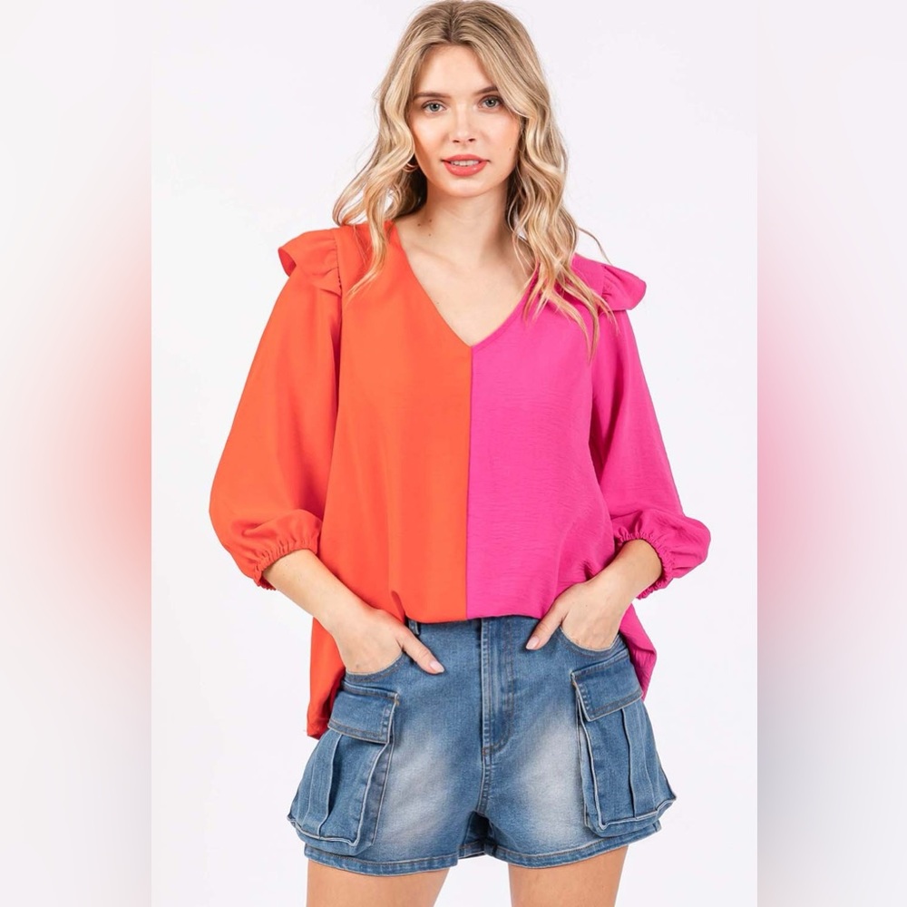 GeeGee Full Size Ruffle Trim Contrast Blouse